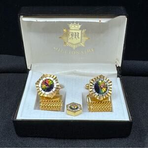 Vintage Millionaire Gold Tone Cufflinks and Tie Tack Set Aurora Borealis